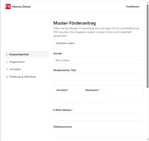 Screenshot: Musterantrag als digitales Web-Formular